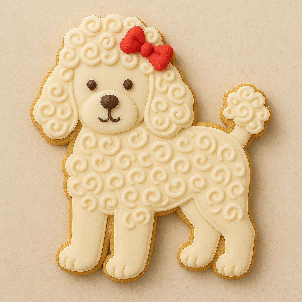 A sugar cookie shaped like a poodle with white icing, curly swirl details, and a red bow on its head, placed on a neutral beige background.