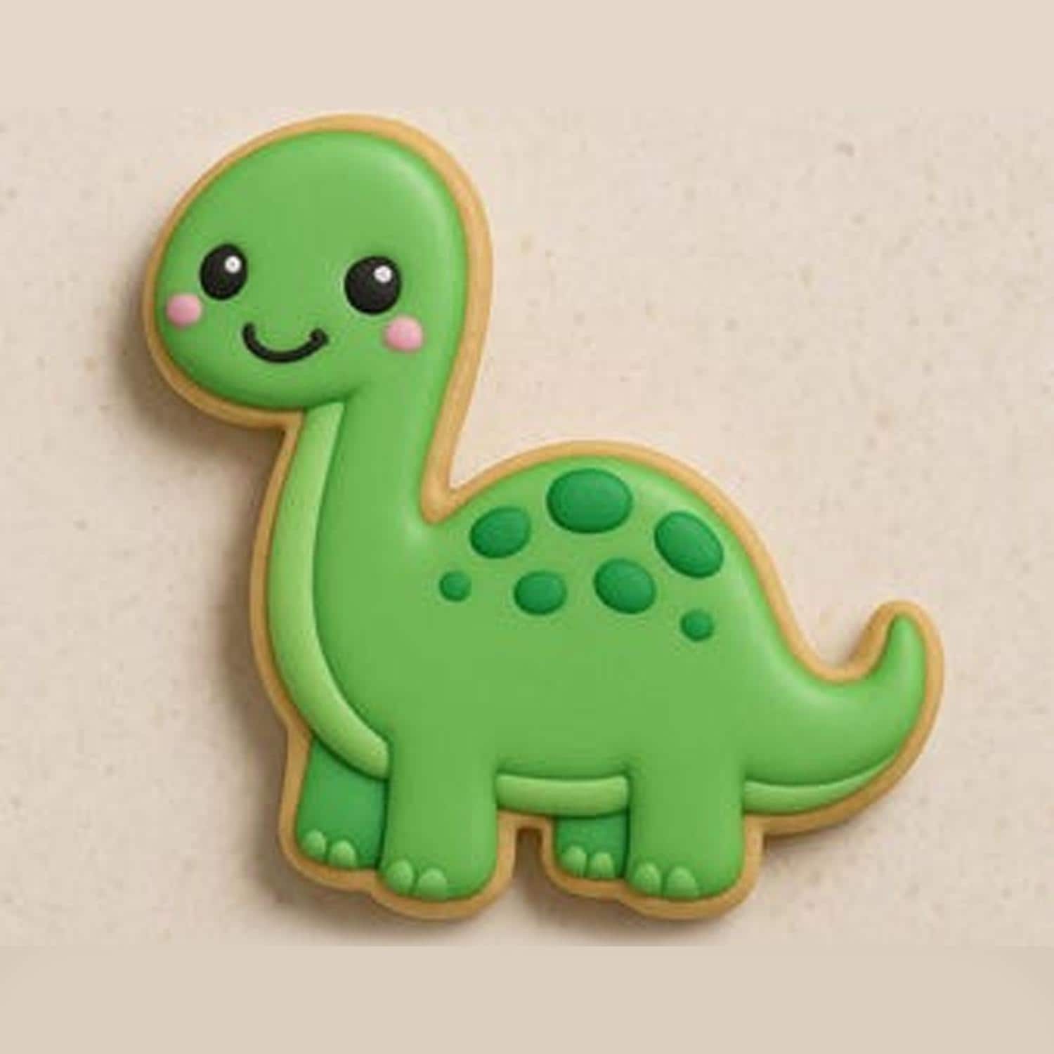 A sugar cookie shaped like a green Brachiosaurus with a long neck, light pink cheeks, and darker green spots, set on a light background.