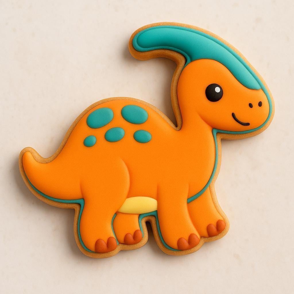 A sugar cookie shaped like a smiling orange Parasaurolophus dinosaur with teal accents on its crest, back spots, and outline, set on a light background.