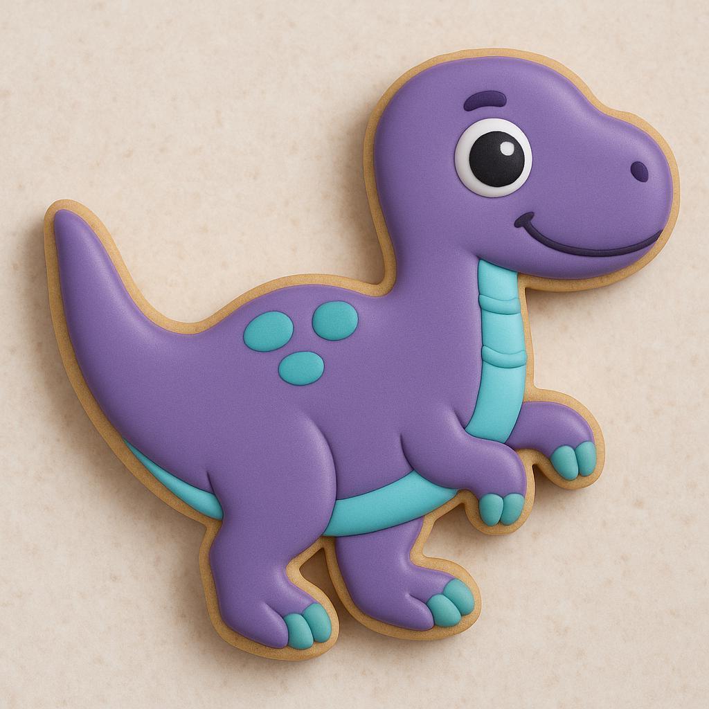 A sugar cookie shaped like a smiling purple dinosaur with teal accents on its belly, claws, and back spots, set on a light neutral background.