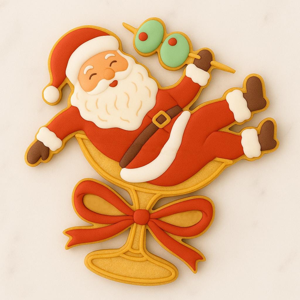 Decorated sugar cookie of Santa Claus lounging in a martini glass with olives on a pick, red suit, and white beard — festive holiday cocktail cookie.