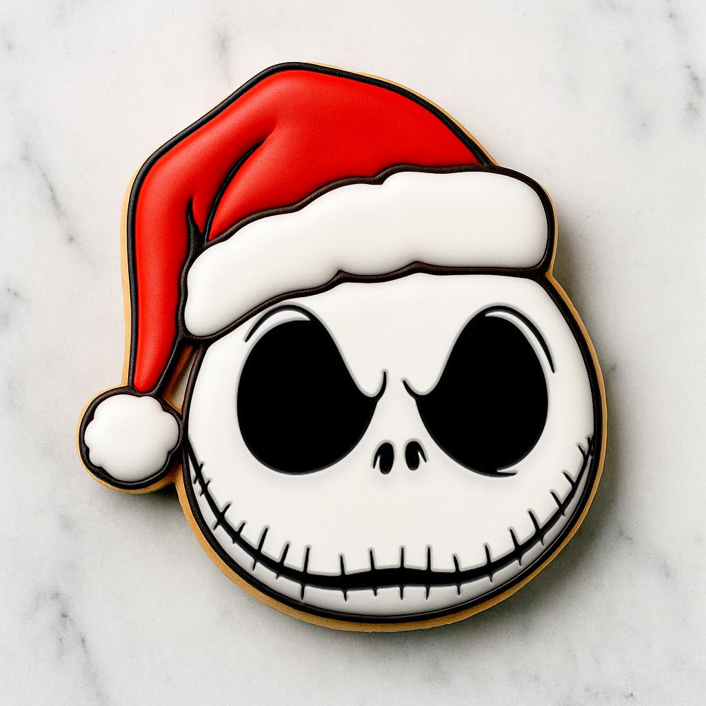 Decorated sugar cookie shaped like a skull wearing a red Santa hat — spooky Christmas skeleton cookie.