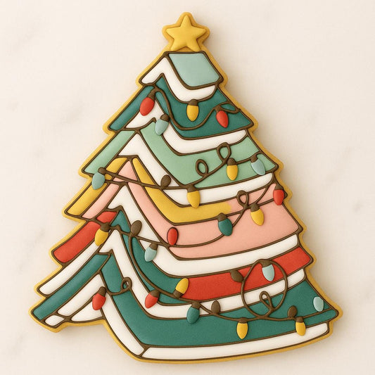 Decorated sugar cookie shaped like a Christmas tree made of stacked colorful books wrapped in holiday lights with a yellow star on top.