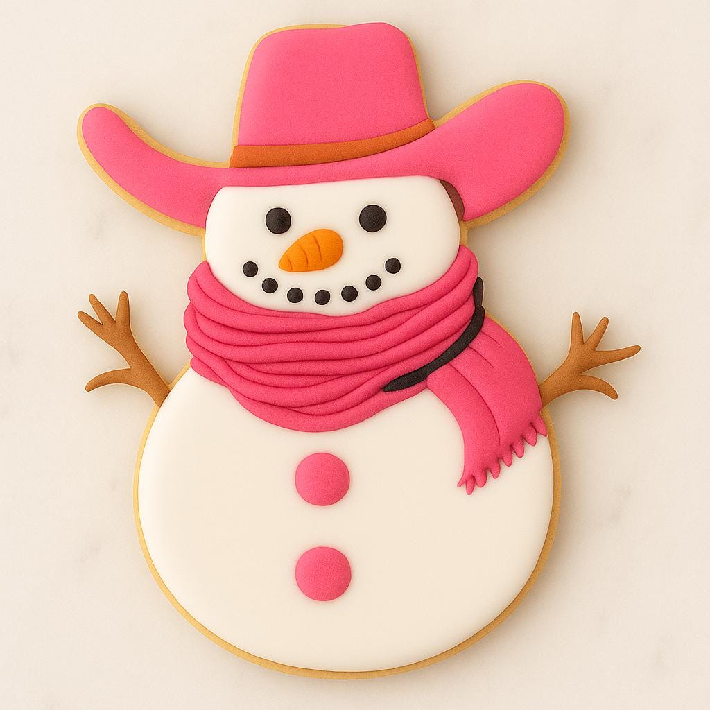 Decorated sugar cookie shaped like a snowman wearing a pink cowboy hat and matching pink scarf with twig arms and button details.