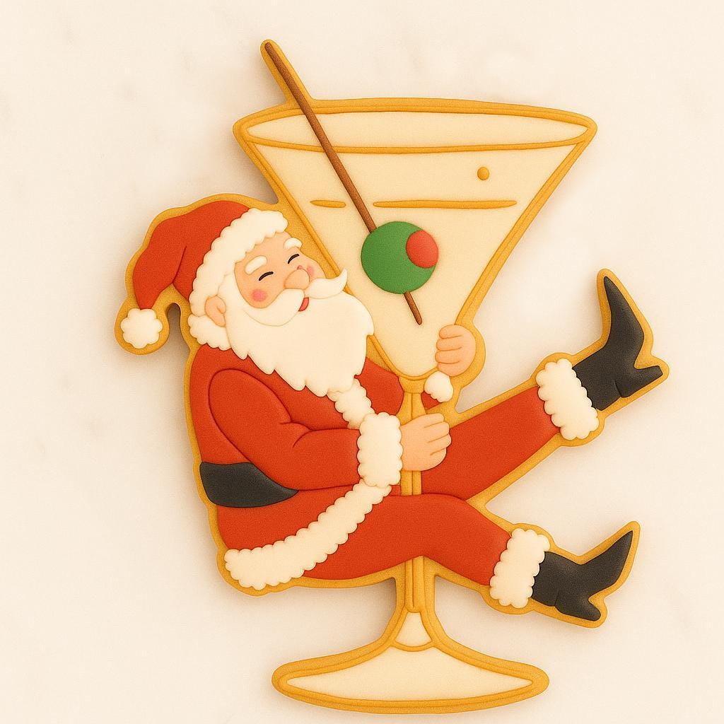 Decorated sugar cookie of Santa Claus sitting inside a martini glass with an olive garnish, surrounded by gold stars on a white background.
