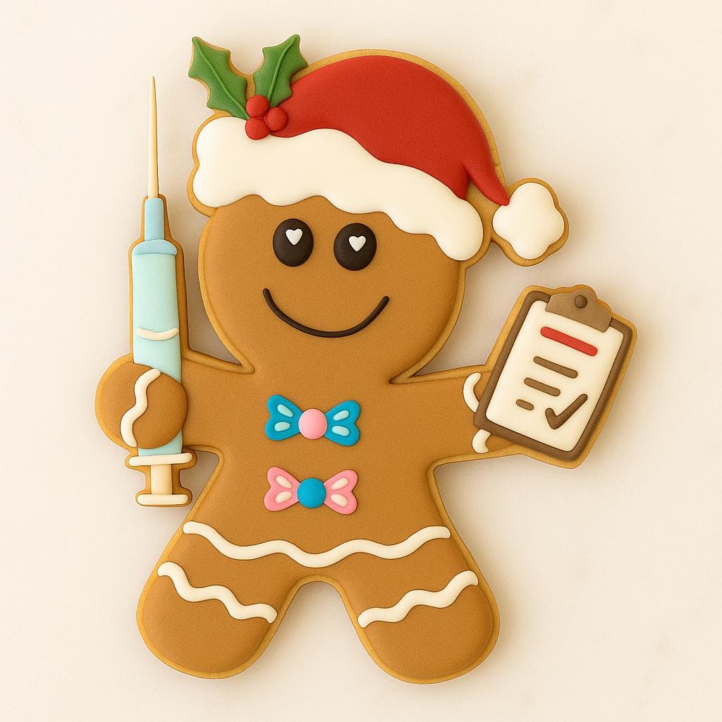 Decorated sugar cookie shaped like a gingerbread nurse wearing a Santa hat, holding a syringe and a clipboard with holiday details.