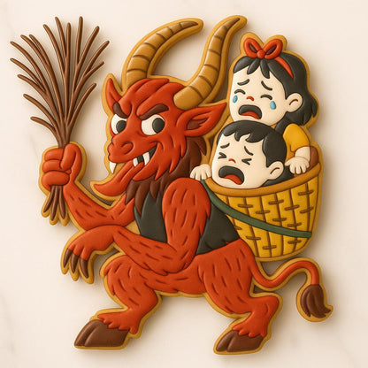 Decorated cookie shaped like Krampus, a red horned creature carrying two crying children in a basket, holding a bundle of sticks, on a cream background.
