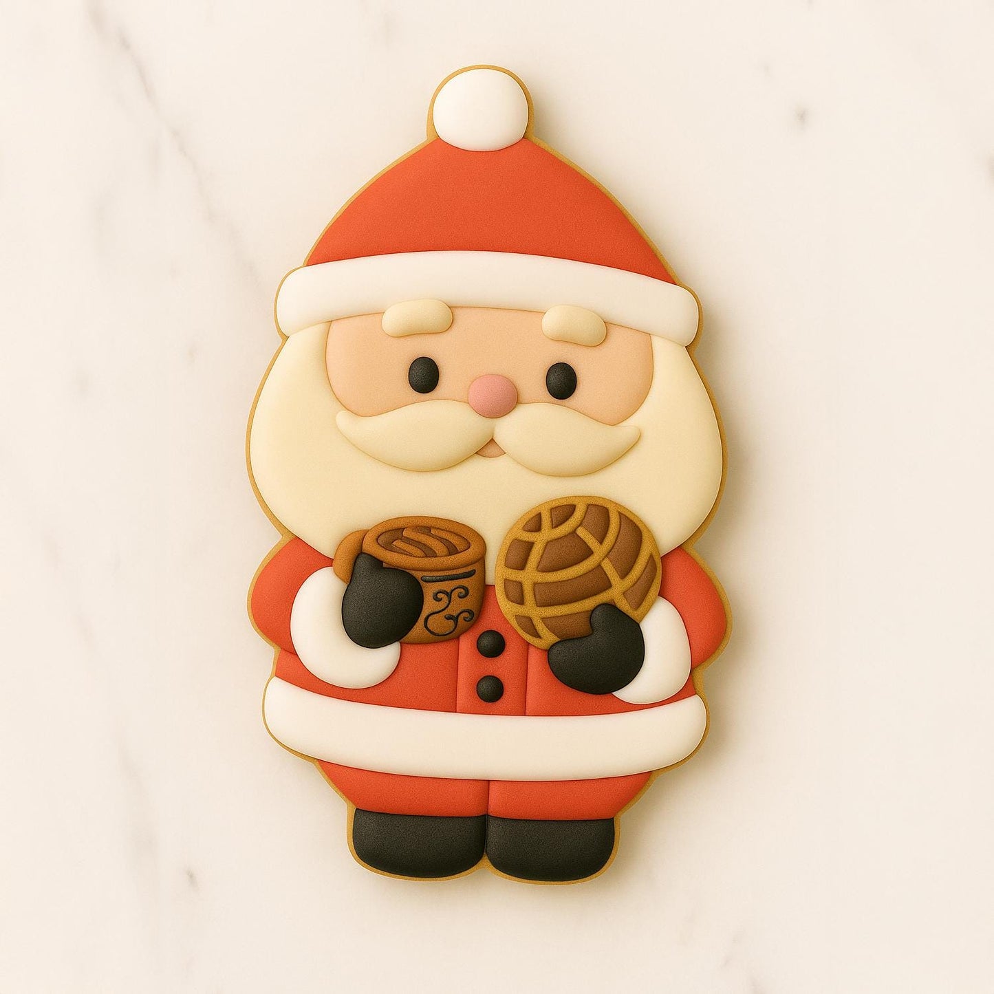 Decorated cookie shaped like Santa Claus holding a cup of café de olla and a traditional concha bread, on a light marble background.
