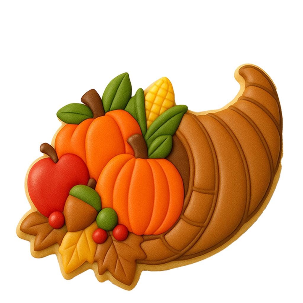 Cornucopia-shaped cookie cutter perfect for Thanksgiving and fall baking. Features a curved horn silouette ideal for decorating with festive harvest elements like pumpkins, leaves, apples, and acorns. Great for autumn cookie trays and seasonal parties.