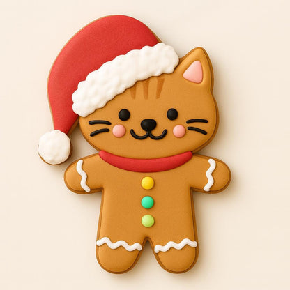 Decorated gingerbread cat cookie wearing a santa hat, red scarf, and colorful buttons on a white background.