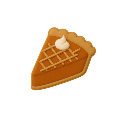 Pumpkin pie slice cookie cutter shaped like a classic wedge of pie with a scalloped cruste edge. Ideal for fall baking, Thanksgiving cookies, or autumn-themed desserts. Designed with a contoured handle and sharp blade for easy, clean dough cuts.