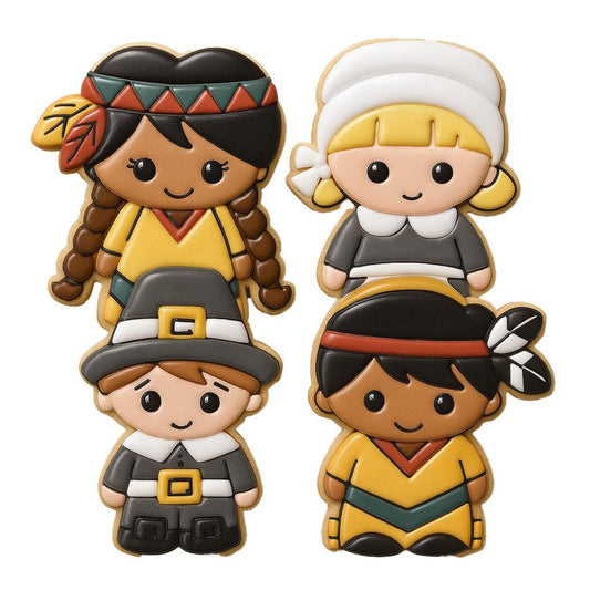 Decorated sugar cookies shaped like Thanksgiving Pilgrims and Native Americans. Set includes four cookie cutters: A pilgrim girl with a hair bonnet, a pilgrim boy with a blacck hat and buckle, and two native american children with braids, and colorful outfits. Perfect Thanksgiving cookie cutters for holiday baking, fall parties, and festive treats.