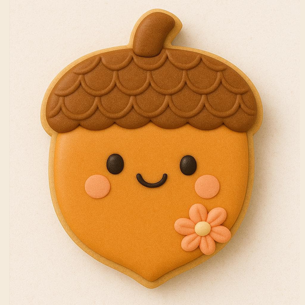 An acorn-shaped cookie with a smiling face and a flower. The top of the cookie is brown with a tetured pattern, while the botton is orange. The cookie has black eyes, pink cheeks, and a curved black mouth. A small, orange flower is on the bottom right. Perfect for class room treats or Thanksgiving Harvest platters.