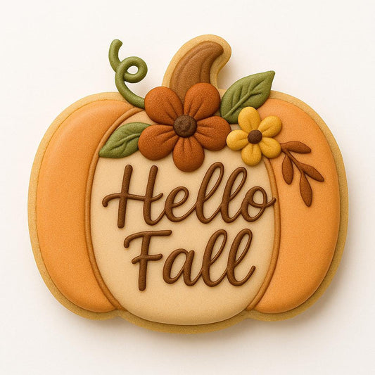 Hello Fall Pumpkin cookie cutter shaped like a large pumpkin with floral accents and &quot;Hello Fall&quot; script text in the center. Perfect for autumn baking, seasonal cooki sets, or cozy fall-themed parties. Features a comfortable handle and a sharp blade for clean dough cuts.