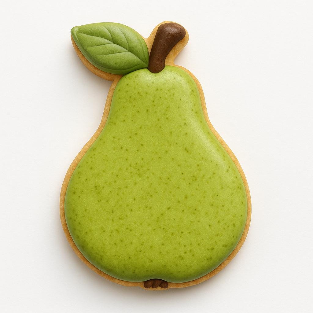 Pear-shaped cookie cutter perfect for Thanksgiving and fall baking. Features a realistic pear with a rounded base, tapered top, short stem, and leaf detail. Great for autumn cookie trays and seasonal parties.