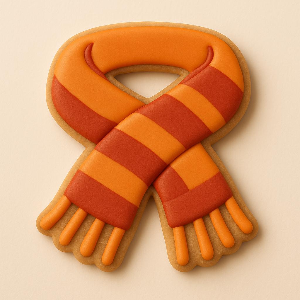 Fall scarf cookie cutter shape of a crisscrossed striped scarf with fringe ends. Perfect for autumn, winter, or cozy holiday cookie designs.  Features a comofortable handle and sharp blade for precise dough cutting.