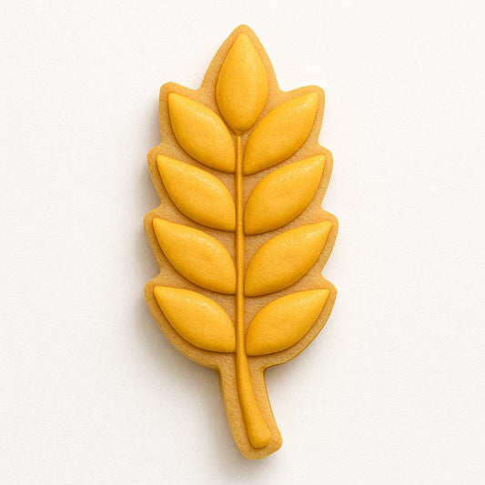 Fall what cookie cutter shaped like a tall stalk with layered grain leaves, perfect for Thanksgiving, harvests, or farmhouse cookie sets. Features a comfortable handle and sharp blade for precise dough cutting.