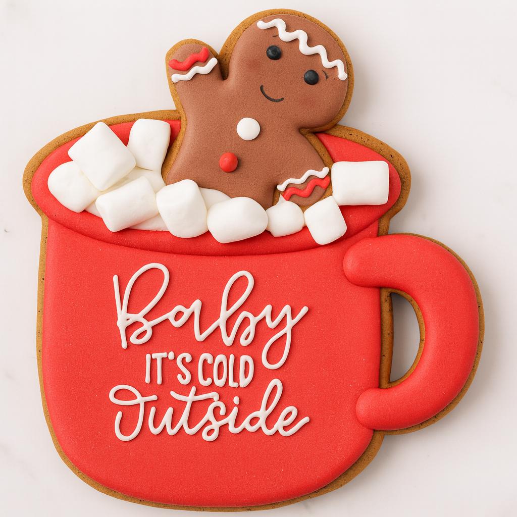 A red mug–shaped cookie decorated with the phrase “Baby It’s Cold Outside” in white icing. A smiling gingerbread man sits inside the mug surrounded by mini marshmallows, creating a warm and festive winter treat on a light marble background.