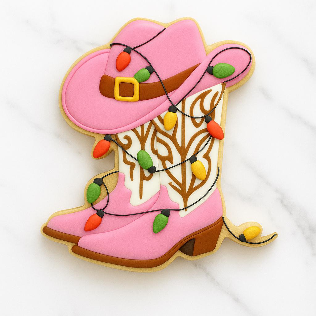 A pink cowgirl boot and hat cookie decorated with colorful Christmas lights. The boot features brown western stitching, and the hat has a gold buckle and brown band. The design combines festive holiday flair with a fun southern twist, displayed on a white marble background.