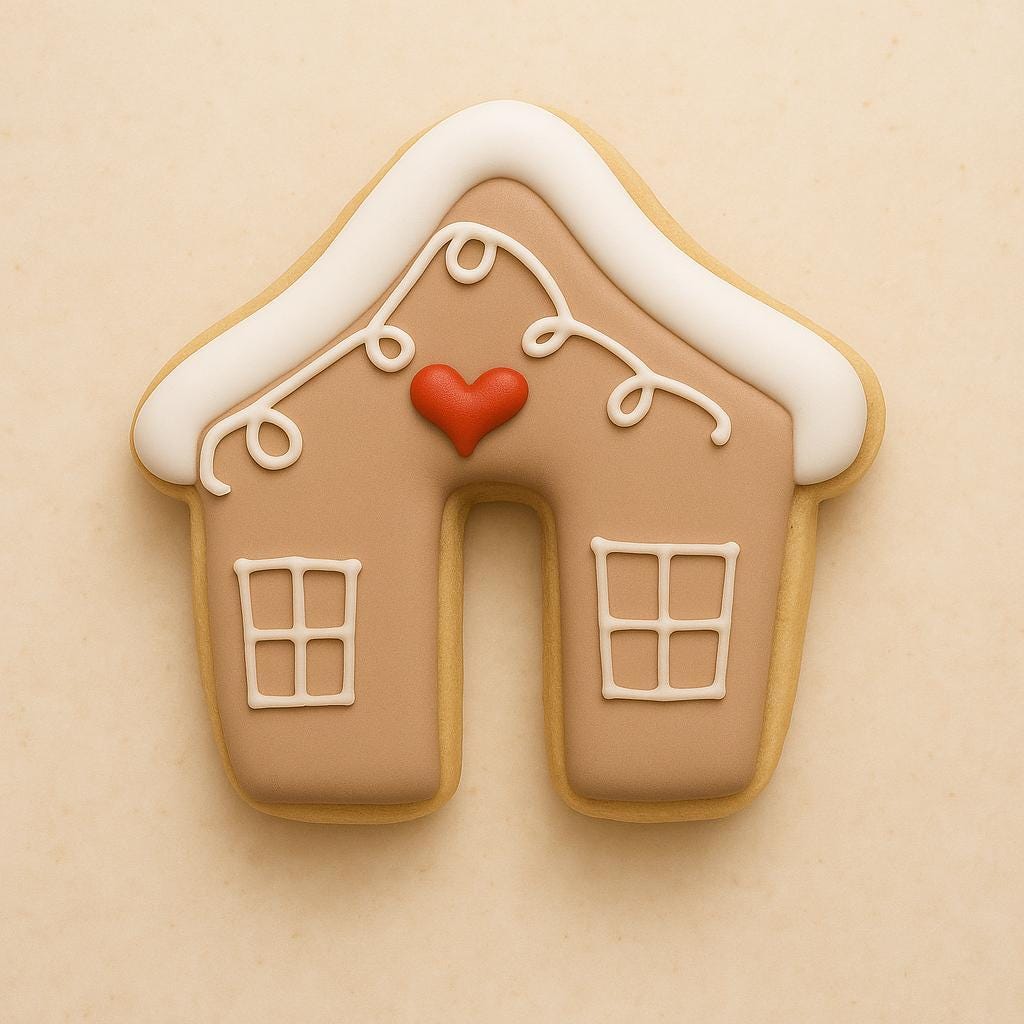 A gingerbread house cookie decorated with tan icing, white snow-topped roof, white piped windows, and a small red heart in the center. The design is simple, festive, and evokes cozy holiday charm on a warm beige background.