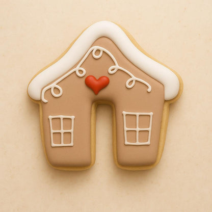 A gingerbread house cookie decorated with tan icing, white snow-topped roof, white piped windows, and a small red heart in the center. The design is simple, festive, and evokes cozy holiday charm on a warm beige background.
