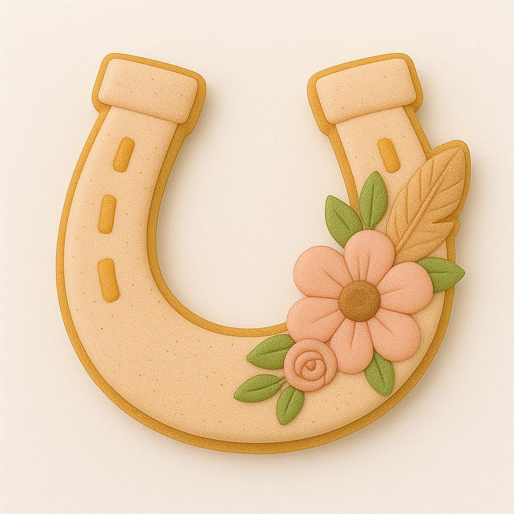 A horseshoe-shaped cookie decorated in soft tan icing with peach and blush flowers, green leaves, and a textured feather accent. The design blends rustic western charm with boho floral elegance for a beautiful, lucky cookie.