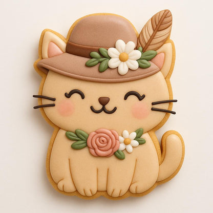 A cat-shaped cookie decorated in soft tan icing, featuring a brown hat with a white daisy, pink rose, and feather accent. The smiling cat has blushing cheeks, closed eyes, and a floral collar, blending cute charm with boho western style.
