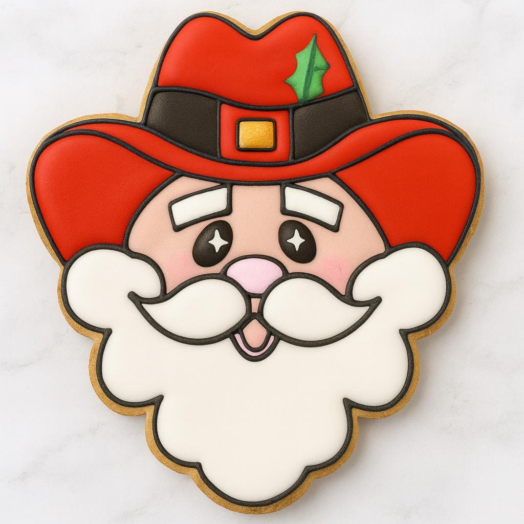 A Santa-shaped cookie decorated with a bright red cowboy hat featuring a green holly leaf. Santa has a cheerful face with pink cheeks, a white beard, and expressive eyes outlined in black icing, giving him a fun western holiday style.