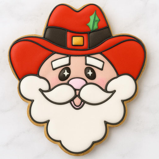 A Santa-shaped cookie decorated with a bright red cowboy hat featuring a green holly leaf. Santa has a cheerful face with pink cheeks, a white beard, and expressive eyes outlined in black icing, giving him a fun western holiday style.