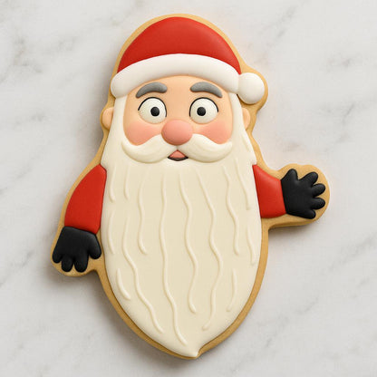 A cookie shaped like Santa Claus with a long, flowing white beard, red hat and suit, black gloves, and a surprised expression — inspired by The Nightmare Before Christmas Santa Claws design.
