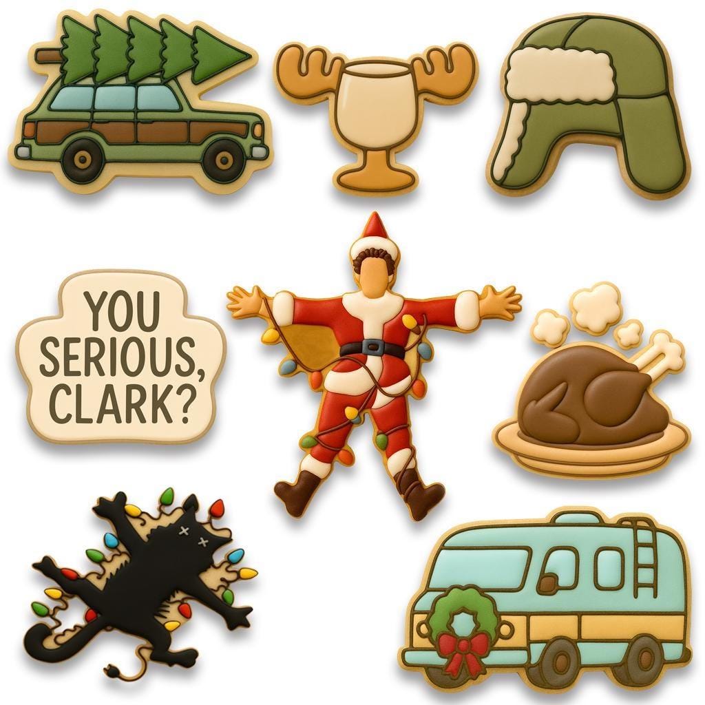 A set of decorated Christmas cookies inspired by the movie National Lampoon’s Christmas Vacation, including a car with a tree, moose mug, green trapper hat, Clark Griswold in a Santa suit tangled in lights, a roasted turkey, black cat with Christmas lights, “You Serious, Clark?” quote cookie, and an RV with a wreath.