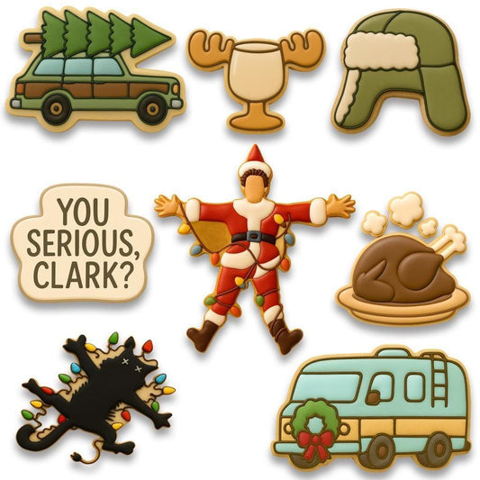 A set of decorated Christmas cookies inspired by the movie National Lampoon’s Christmas Vacation, including a car with a tree, moose mug, green trapper hat, Clark Griswold in a Santa suit tangled in lights, a roasted turkey, black cat with Christmas lights, “You Serious, Clark?” quote cookie, and an RV with a wreath.