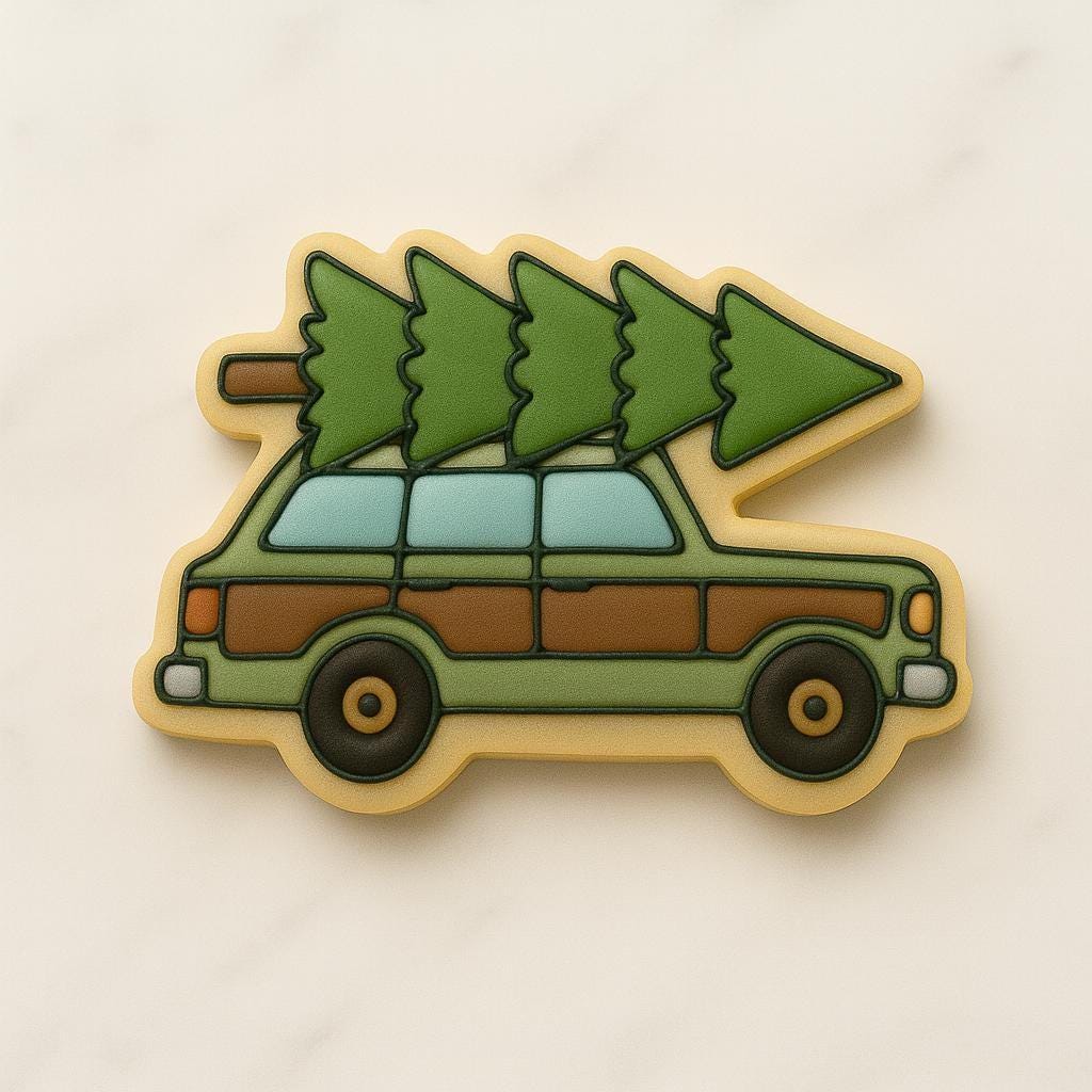 A set of decorated Christmas cookies inspired by the movie National Lampoon’s Christmas Vacation, including a car with a tree, moose mug, green trapper hat, Clark Griswold in a Santa suit tangled in lights, a roasted turkey, black cat with Christmas lights, “You Serious, Clark?” quote cookie, and an RV with a wreath.