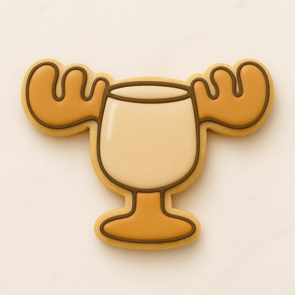 A set of decorated Christmas cookies inspired by the movie National Lampoon’s Christmas Vacation, including a car with a tree, moose mug, green trapper hat, Clark Griswold in a Santa suit tangled in lights, a roasted turkey, black cat with Christmas lights, “You Serious, Clark?” quote cookie, and an RV with a wreath.