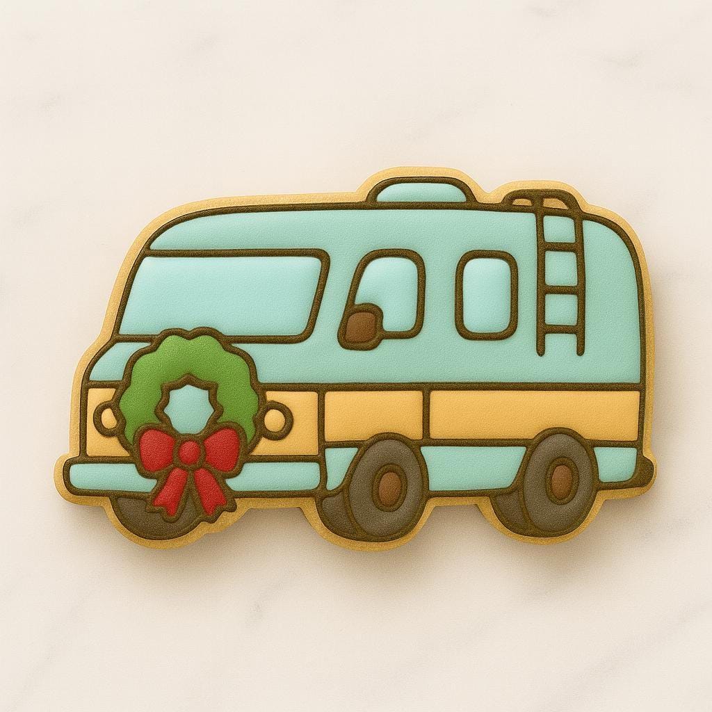 A set of decorated Christmas cookies inspired by the movie National Lampoon’s Christmas Vacation, including a car with a tree, moose mug, green trapper hat, Clark Griswold in a Santa suit tangled in lights, a roasted turkey, black cat with Christmas lights, “You Serious, Clark?” quote cookie, and an RV with a wreath.