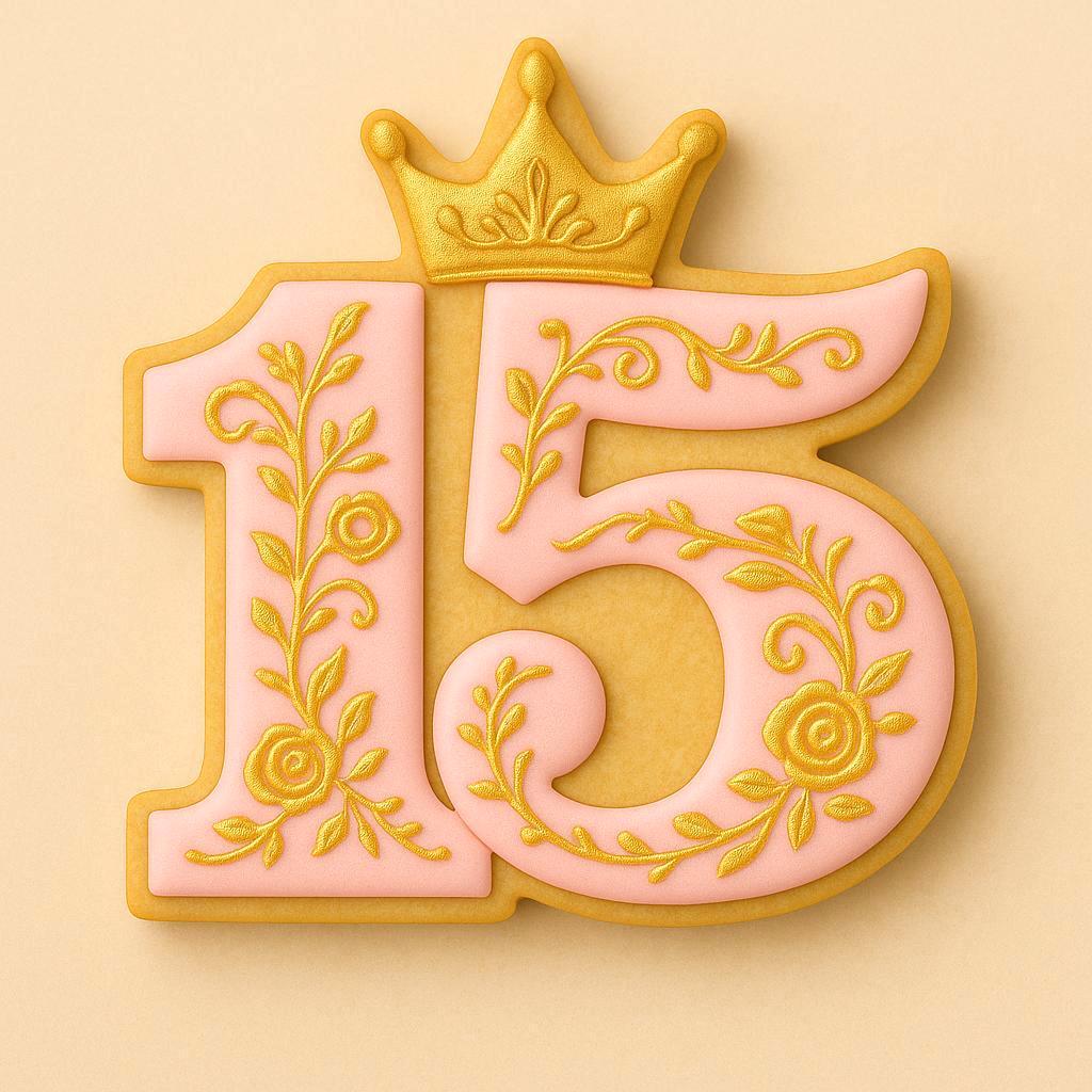 A pink sugar cookie shaped like the number 15 with intricate gold floral designs and a golden crown on top, representing a quinceañera or 15th birthday celebration.