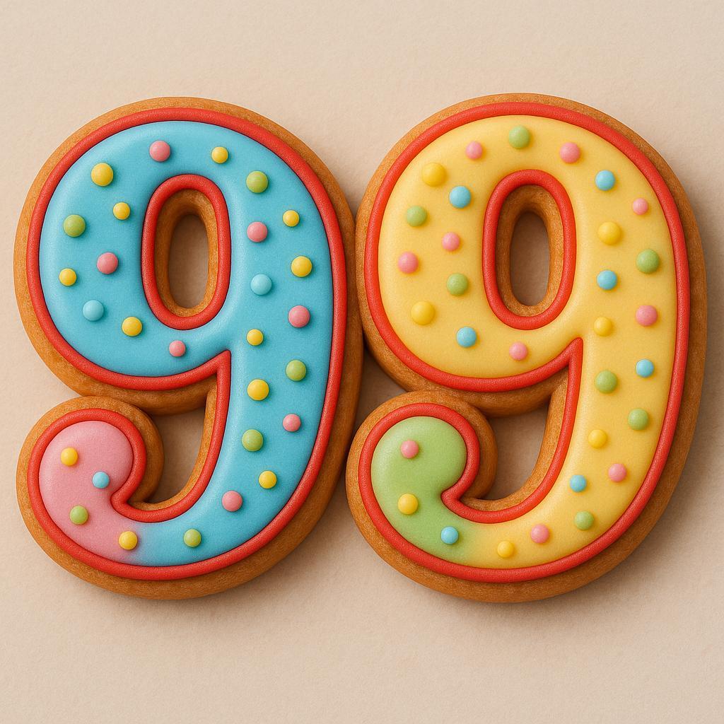 A sugar cookie shaped as the number 99, decorated in blue, yellow, pink, and green icing with colorful pastel sprinkles and red outline, placed on a beige background.