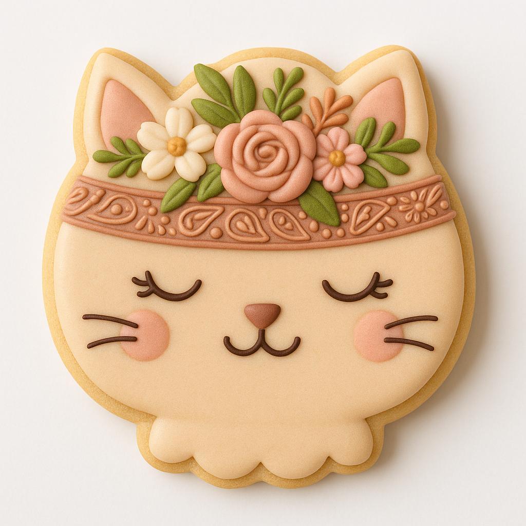 A sugar cookie shaped like a cat’s head, decorated in soft beige icing with closed eyes, pink cheeks, and a floral crown of roses, daisies, and green leaves on a terracotta paisley bandana.