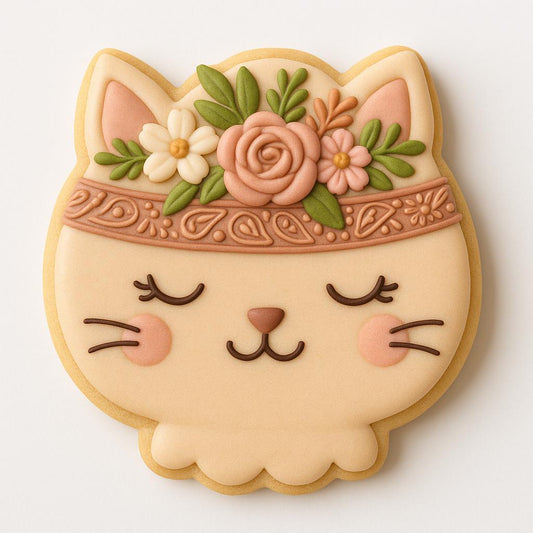A sugar cookie shaped like a cat’s head, decorated in soft beige icing with closed eyes, pink cheeks, and a floral crown of roses, daisies, and green leaves on a terracotta paisley bandana.
