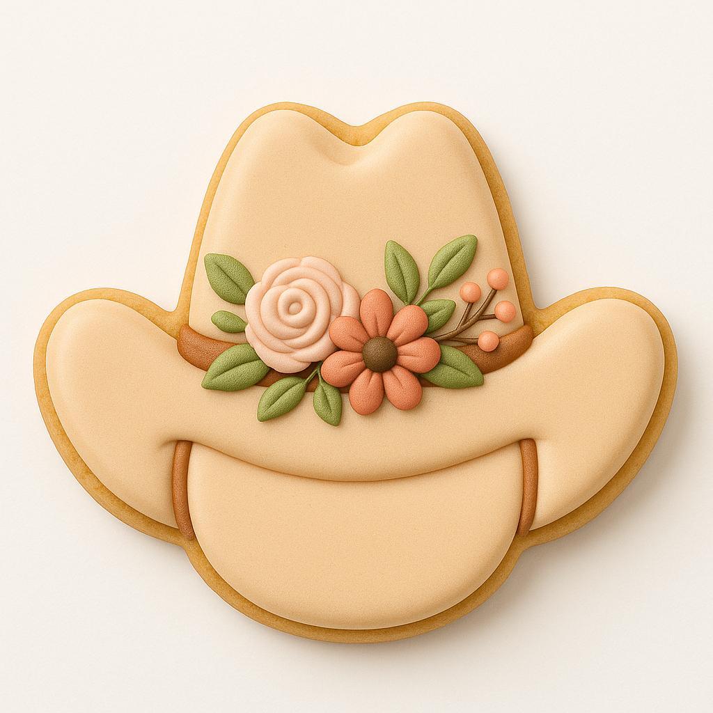 A sugar cookie shaped like a cowboy hat, decorated in beige icing with a floral cluster of peach and cream flowers, green leaves, and soft orange berries across the band.