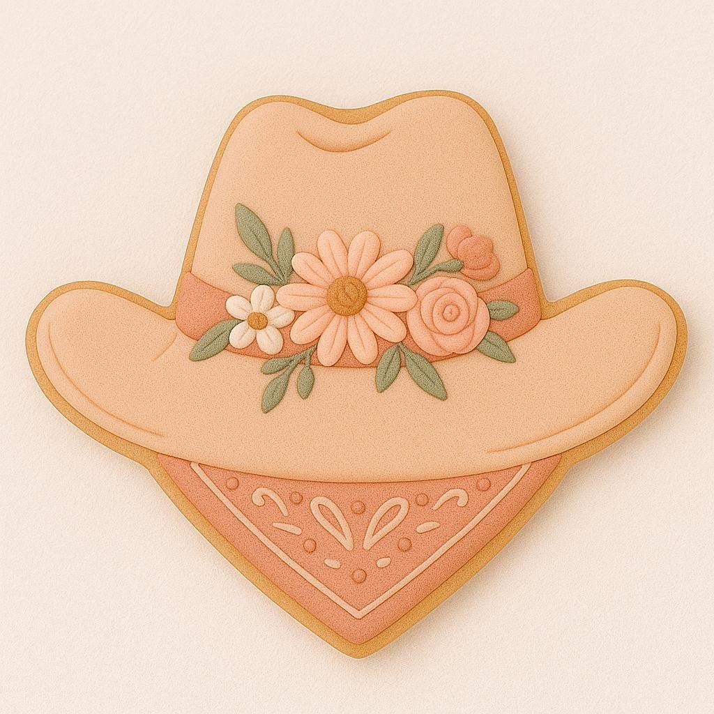 A sugar cookie shaped like a wide-brimmed cowboy hat with a floral crown of peach, cream, and sage flowers, resting above a paisley bandana in soft terracotta tones.
