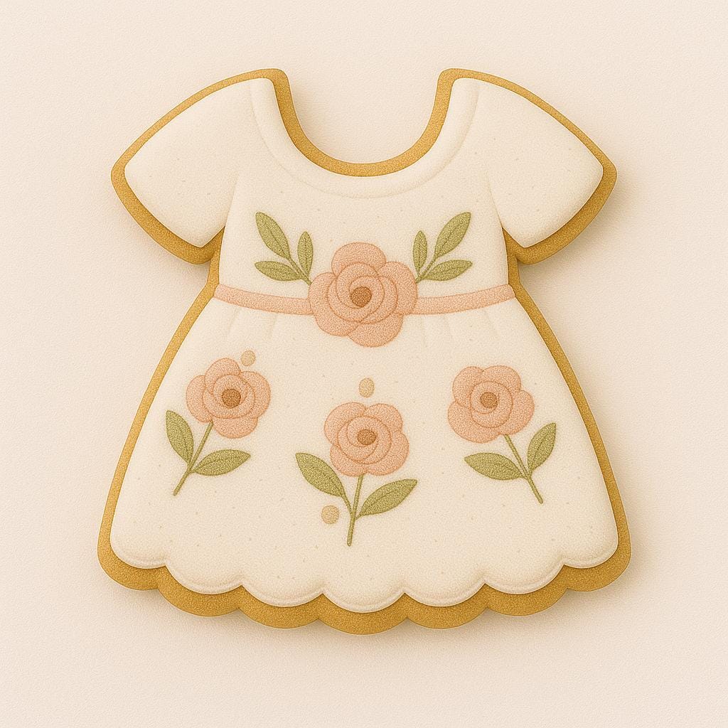 A sugar cookie shaped like a baby dress, decorated in cream icing with peach floral accents, green leaves, and scalloped trim, giving a soft boho-inspired look.