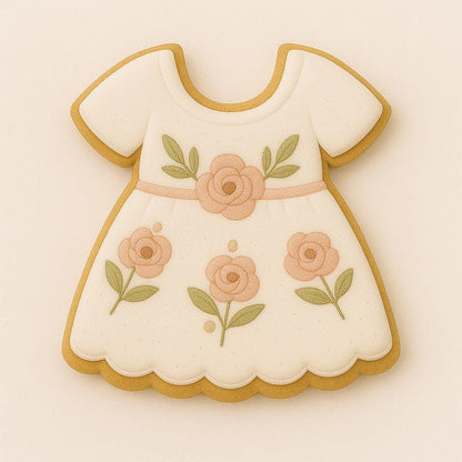A sugar cookie shaped like a baby dress, decorated in cream icing with peach floral accents, green leaves, and scalloped trim, giving a soft boho-inspired look.
