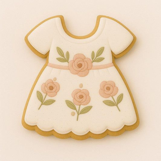 A sugar cookie shaped like a baby dress, decorated in cream icing with peach floral accents, green leaves, and scalloped trim, giving a soft boho-inspired look.
