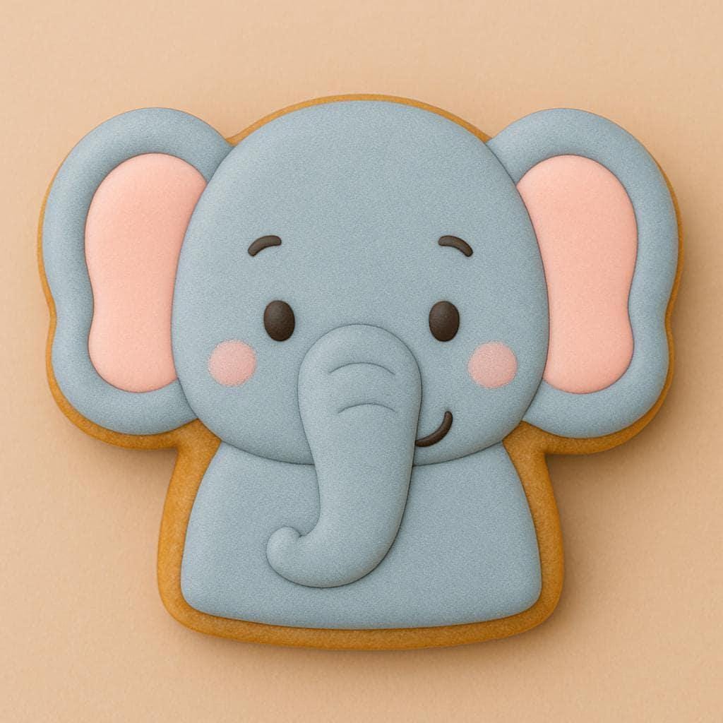 A sugar cookie shaped like a smiling elephant with gray icing, pink inner ears, and blushing cheeks on a light beige background.