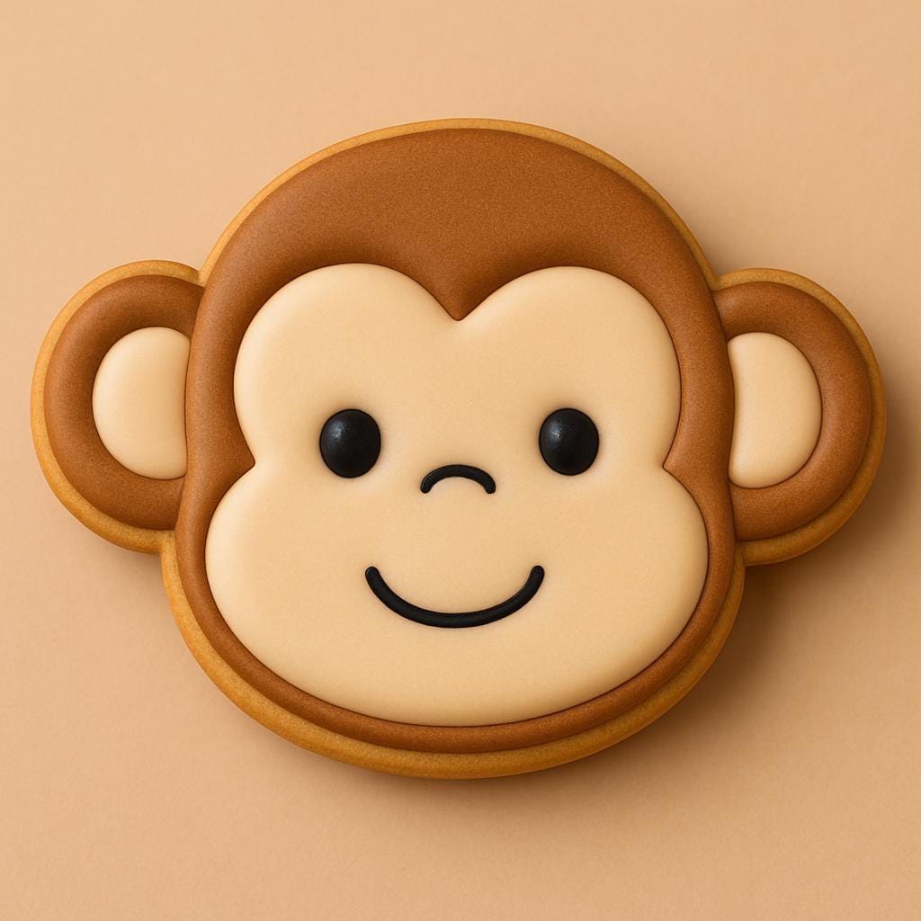 A sugar cookie shaped like a monkey’s head, decorated with tan and brown icing, black eyes, and a smiling mouth on a warm beige background.