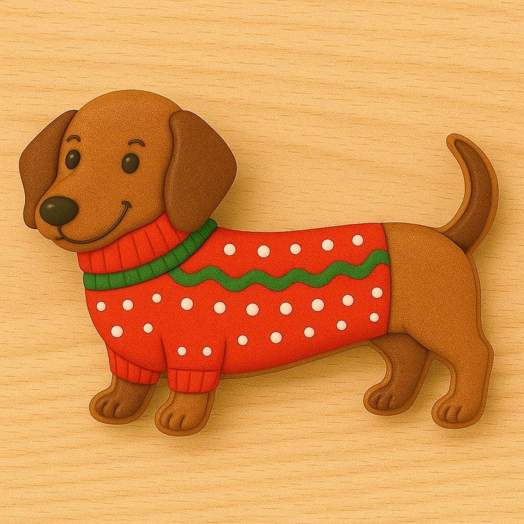 A sugar cookie shaped like a dachshund wearing a red sweater with green trim and white polka dots, smiling on a light wooden background.