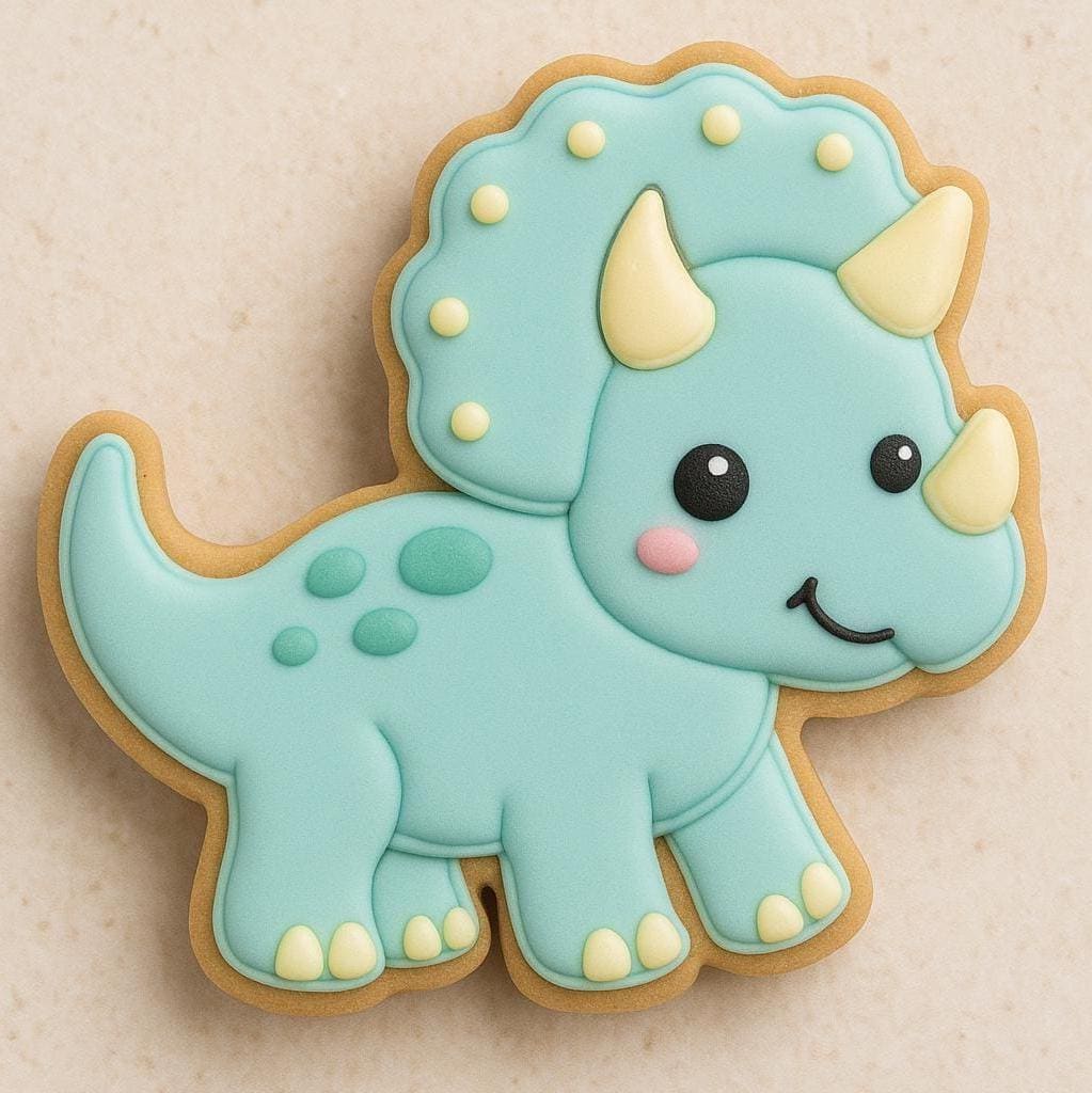 A sugar cookie shaped like a baby blue triceratops with cream-colored horns, yellow toe details, and a pink cheek, set on a neutral background.