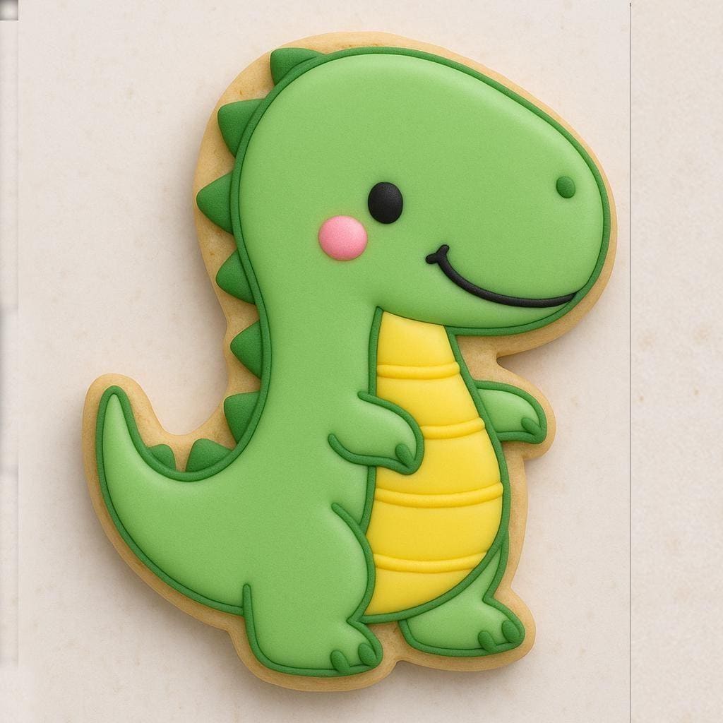 A sugar cookie shaped like a cute green T-Rex with a yellow belly, pink cheeks, and a big smile, standing upright on a light background.