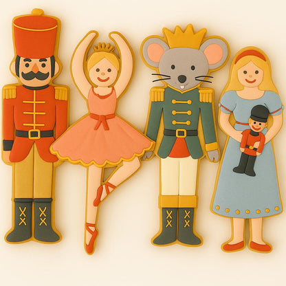 Decorated sugar cookies shaped like characters from The Nutcracker Ballet: a Nutcracker soldier, a ballerina, a mouse king, and Clara in a blue dress, all on a cream background.
